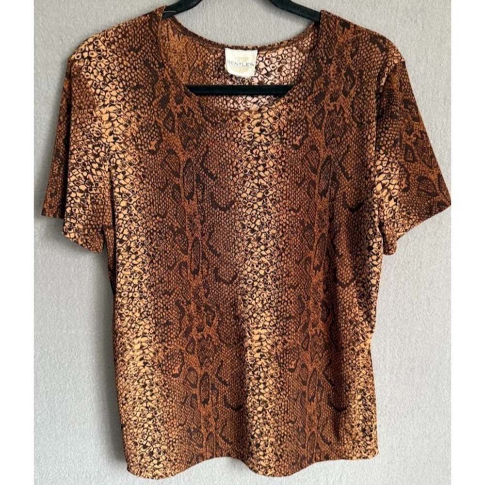 Vintage‎ Bentley  Top Shirt Women Large Brown Snake Print Stretch Short Sleeve